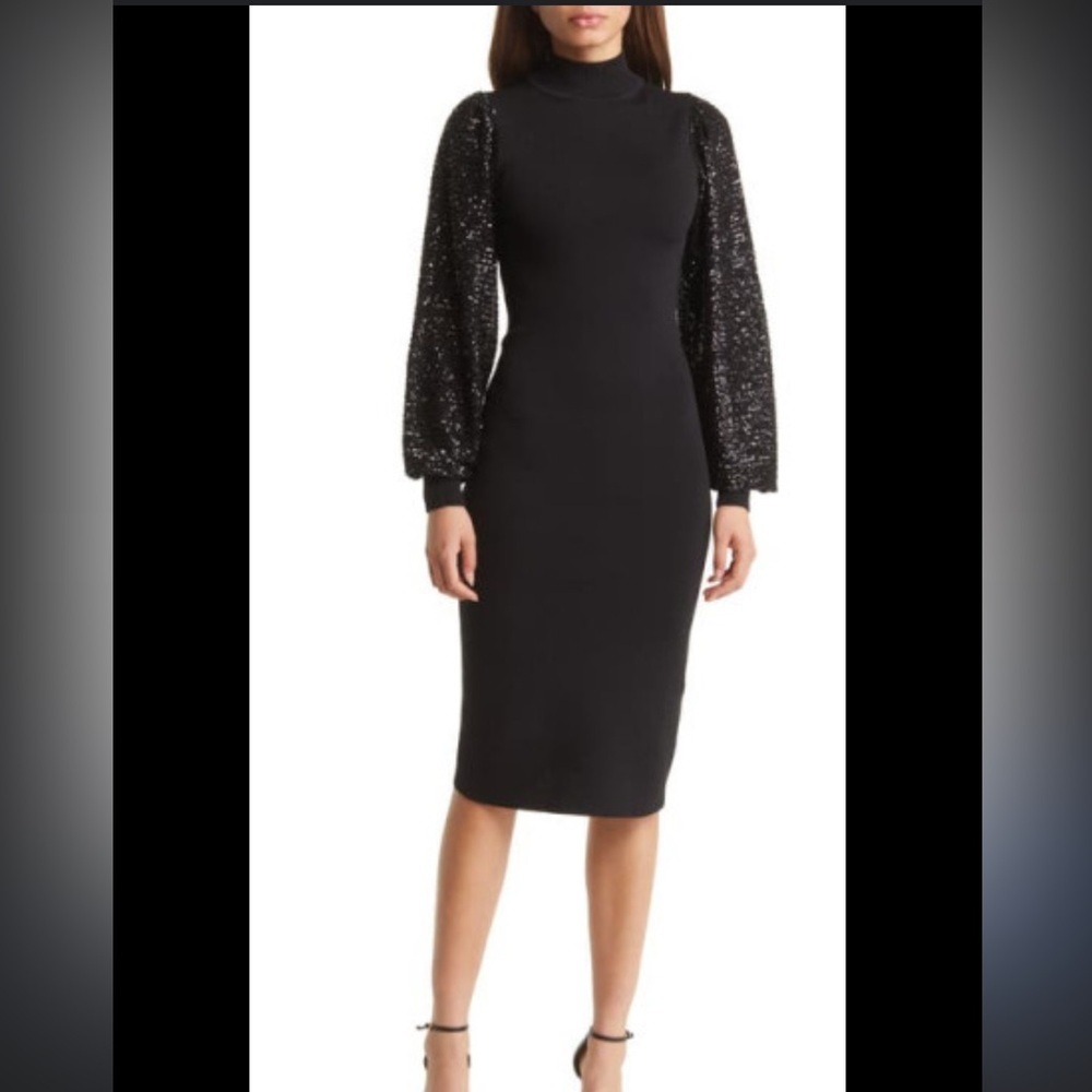 NWT ELIZA J Black Dress Sequin Embellished Sleeve Midi Sweater. Size M $158